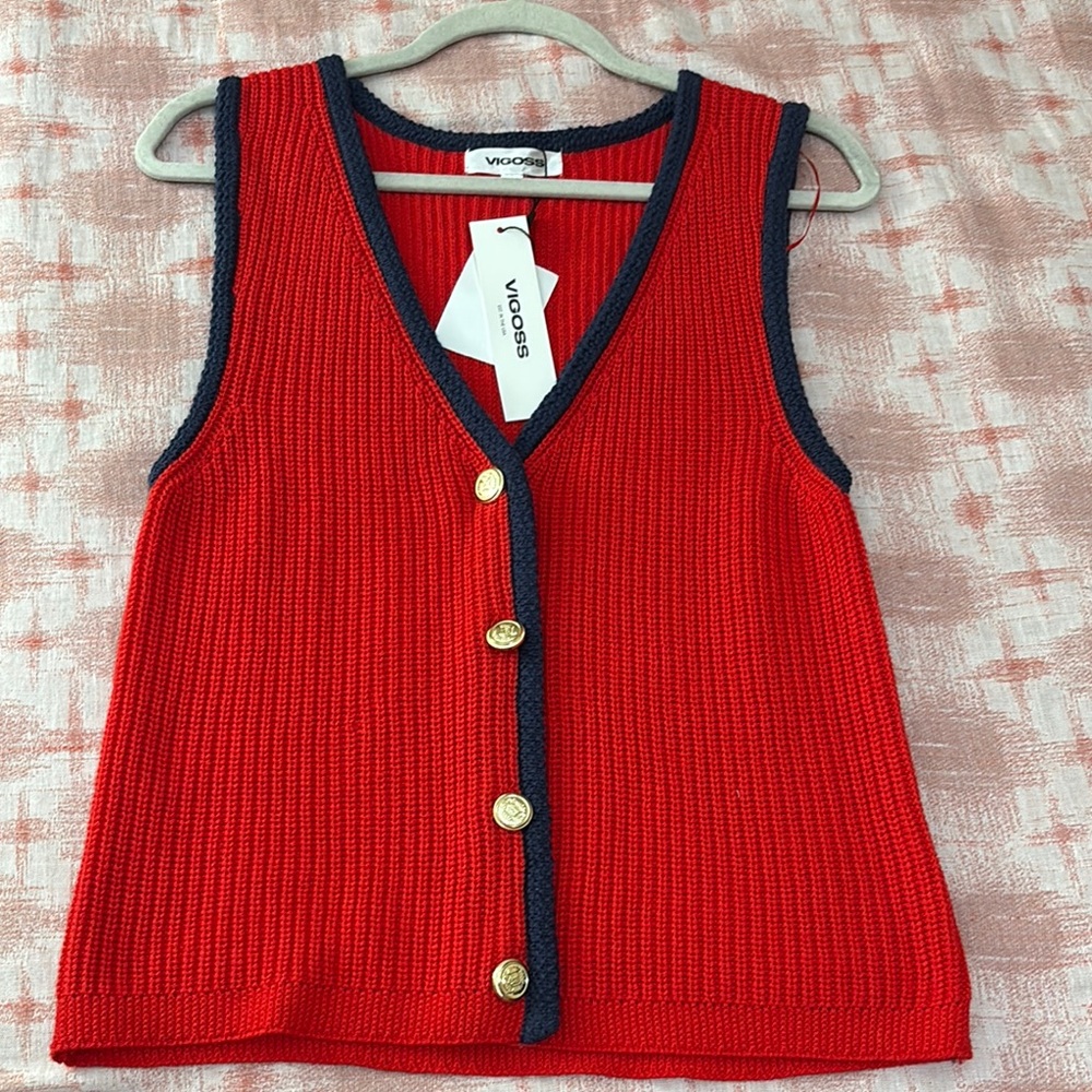 Red and blue  Knit Vest with Gold Buttons